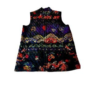 Vintage Chico's Silk Zip Front Vest Featuring A Dragon & Mountain Design Size O